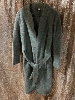 H&M Women's Gray WOOL Belted Long Robe Coat